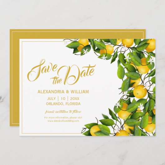 Moderne citroenkranstuin | Trouwen Save The Date (Voorkant / Achterkant)