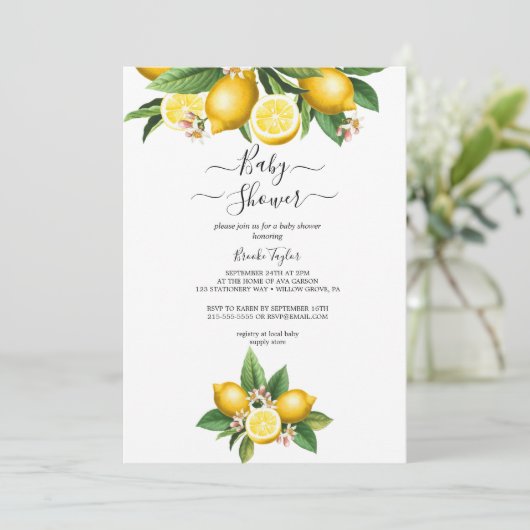 Moderne citroentuin | uitnodiging tot baby shower (Staand voorkant)