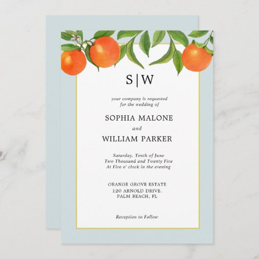 Moderne Citrus bruiloft met Initialen uitnodiging (Voorkant / Achterkant)
