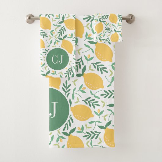 Moderne Citrus Geel Groene Bladeren Monogram Bad Handdoek (Insitu)