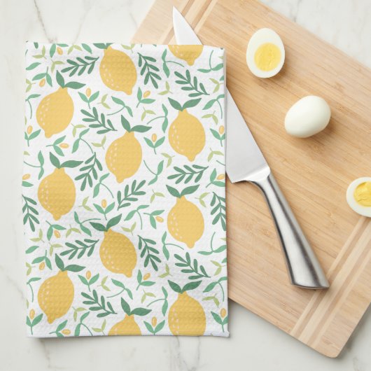 Moderne Citrus Geel Groene Bladeren Monogram Theedoek (Quarter Fold)