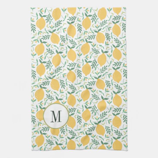 Moderne Citrus Geel Groene Bladeren Monogram Theedoek (Verticaal)