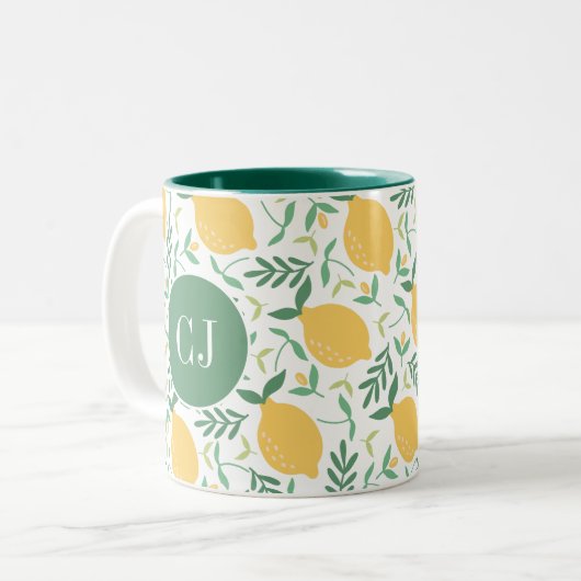 Moderne Citrus Geel Groene Bladeren Monogram Tweekleurige Koffiemok (Voorkant links)