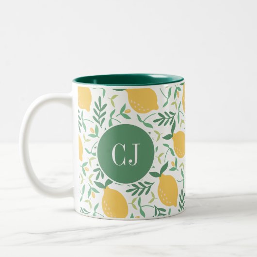 Moderne Citrus Geel Groene Bladeren Monogram Tweekleurige Koffiemok (Links)