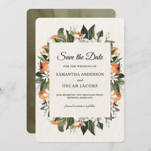 Moderne Citrus Sinaasappel Bloemen | rustiek Save The Date (Voorkant / Achterkant)