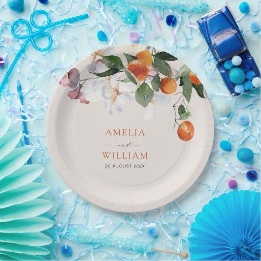 Moderne citrus sinaasappels en groen bruiloft papieren bordje (Feest)