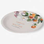 Moderne citrus sinaasappels en groen bruiloft papieren bordje (Gekanteld)