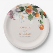 Moderne citrus sinaasappels en groen bruiloft papieren bordje (Voorkant)