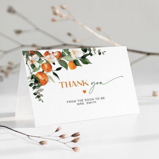 Moderne citrus thema oranje bruidsdouche bedankkaart