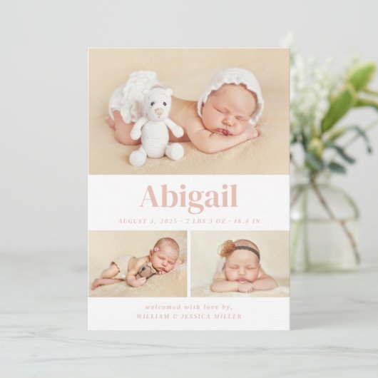 Moderne Classic 3 Foto Collage Blush Announcement Aankondiging (Staand voorkant)