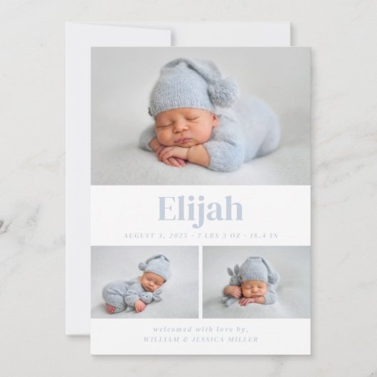 Moderne Classic 3 Photo Collage Baby Blue Aankondiging (Voorkant)