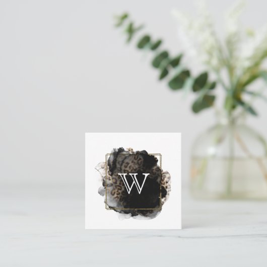 Moderne Classic Monogram Initiaal Black Gold Leopa Vierkante Visitekaartje (Staand voorkant)