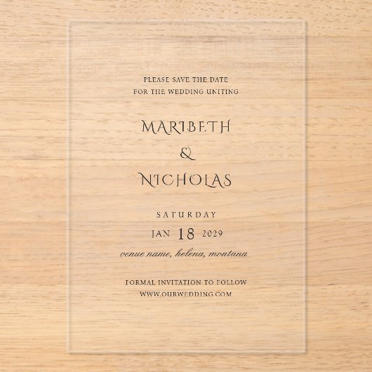 Moderne Classy Wedding Save the Date Acryl Uitnodigingen (Voorkant)