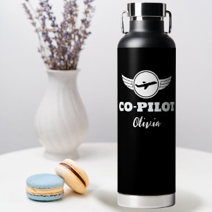 Moderne CO-PILOT Typografie Vliegtuig, Zwart & Wit Waterfles