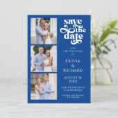 Moderne Cobaltblauwe Fotocollage Bruiloft Save The Date (Staand voorkant)