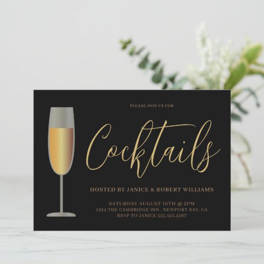 Moderne Cocktailparty Script Black Gold Kaart (Staand voorkant)