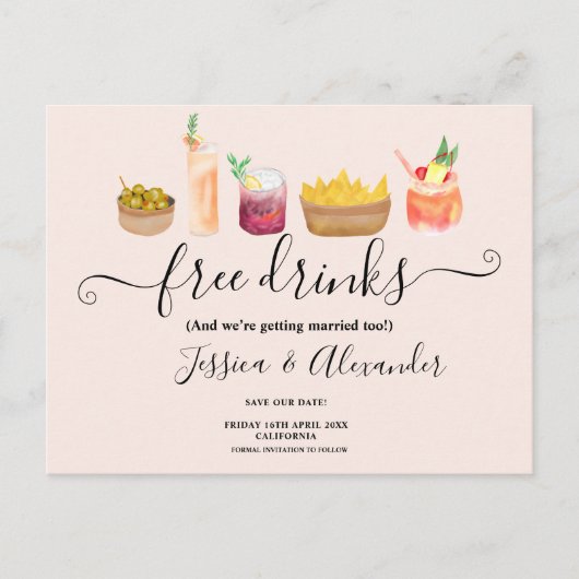 Moderne cocktails waterverf blush save the date briefkaart (Voorkant)