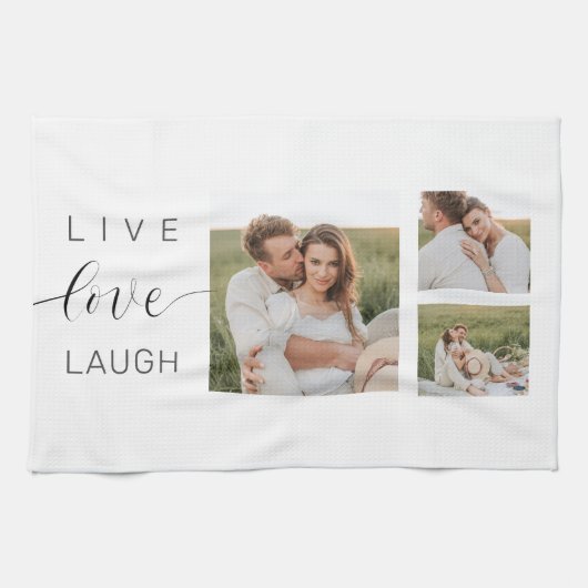 Moderne Collage Couple Photo & Live Love Laugh Gif Theedoek (Horizontaal)