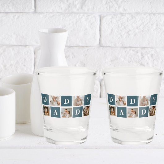 Moderne Collage Fathers Foto's en groene papaaien Shot Glas