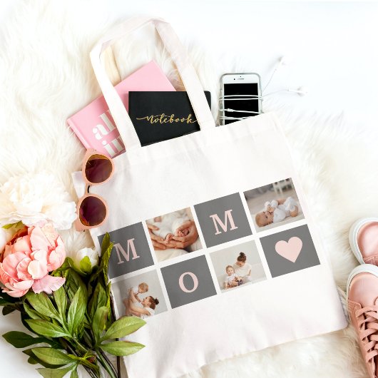 Moderne collage Foto Best mam Pink & Gray Gift Tote Bag