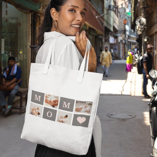 Moderne collage Foto Best mam Pink & Gray Gift Tote Bag