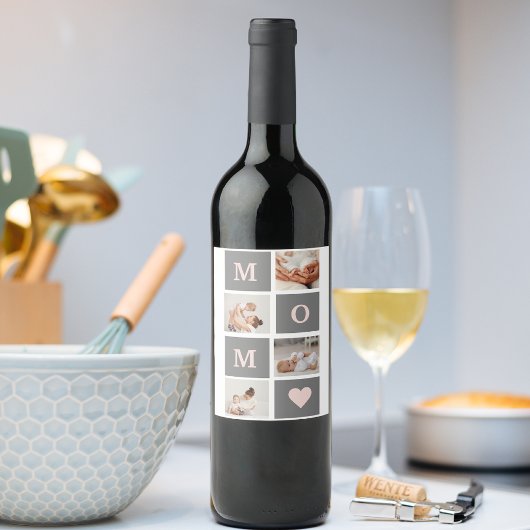 Moderne collage Foto Best mam Pink & Gray Gift Wijn Etiket