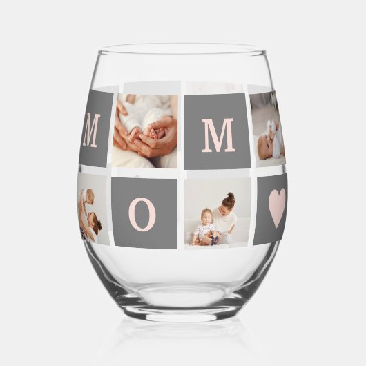 Moderne collage Foto Best mam Pink & Gray Gift Wijnglas Zonder Voet (Achterkant)