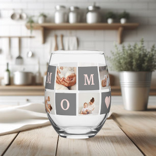 Moderne collage Foto Best mam Pink & Gray Gift Wijnglas Zonder Voet