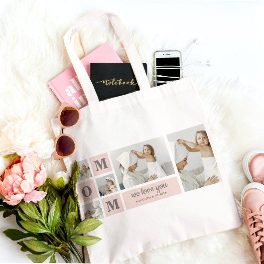 Moderne collage foto Beste mam ooit roze cadeau Tote Bag