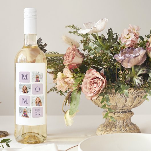 Moderne collage Foto Beste mama ooit Paarse Gift Wijn Etiket