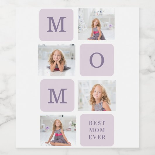 Moderne collage Foto Beste mama ooit Paarse Gift Wijn Etiket (Enkel label)