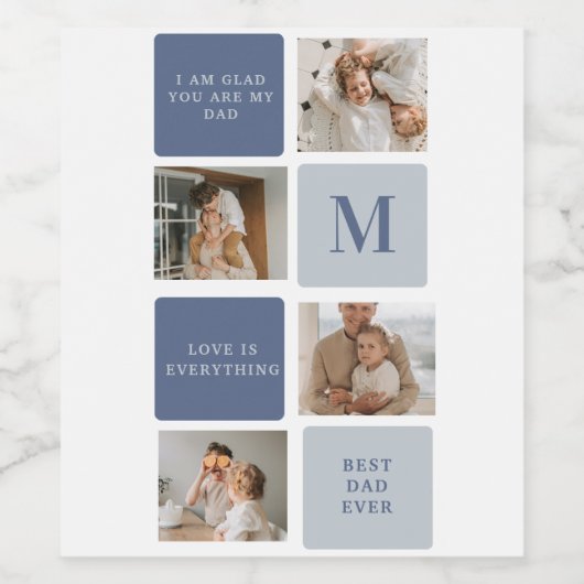 Moderne Collage Foto & Blue Happy Fathers Day Gift Wijn Etiket (Enkel label)