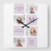Moderne Collage Foto Happy Mothers Day Paarse Gift Vierkante Klok (Voorkant)
