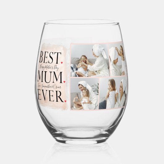 Moderne Collage Foto Roze Happy Mothers Day Wijnglas Zonder Voet (Achterkant)