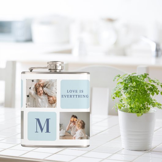 Moderne collage foto's Blue Best Fathers Gift Heupfles