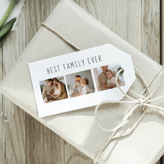 Moderne collage foto's en beste familie ooit cadeaulabel