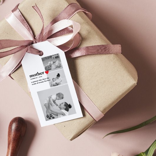 Moderne collage foto's & tekst rood hart moedercad cadeaulabel