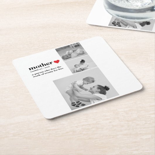 Moderne collage foto's & tekst rood hart moedercad kartonnen onderzetters (Schuin)