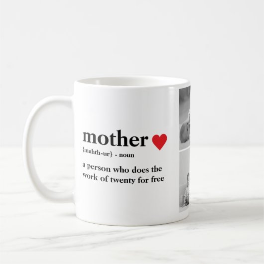 Moderne collage foto's & tekst rood hart moedercad koffiemok (Links)