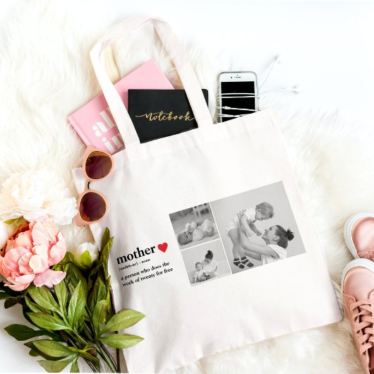 Moderne collage foto's & tekst rood hart moedercad tote bag