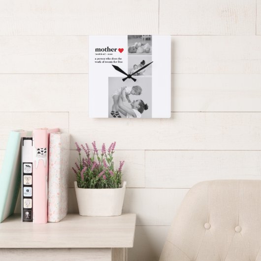 Moderne collage foto's & tekst rood hart moedercad vierkante klok (Leeskamer)