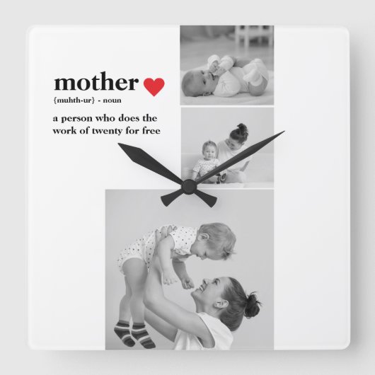 Moderne collage foto's & tekst rood hart moedercad vierkante klok (Voorkant)
