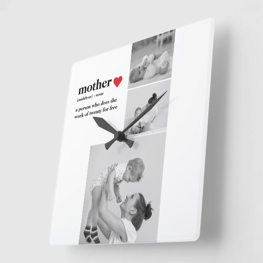 Moderne collage foto's & tekst rood hart moedercad vierkante klok (Hoek)