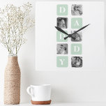 Moderne Collage Photo Mint & Happy FathersDay Gift Vierkante Klok<br><div class="desc">Wat een cadeau voor blije Vaderdag betreft, kan een moderne collage fotograaf een geweldige optie zijn als je vader van fotografie geniet of een bijzondere interesse heeft in kunst. Je zou een selectie van foto's kunnen kiezen die voor hem betekenisvol zijn, zoals familieportretten of afbeeldingen van gedenkwaardige reizen, en ze...</div>