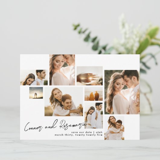 Moderne Collage  Qr-code multi-foto Save The Date (Staand voorkant)