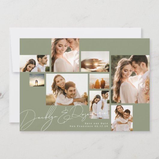 Moderne Collage Sage Green Multi Foto Save The Date (Voorkant)