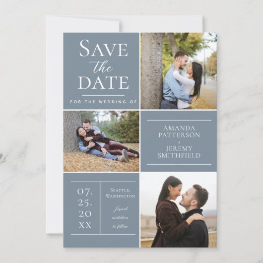Moderne collage van drie foto's | Stofblauw Save The Date (Voorkant)