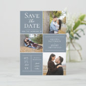 Moderne collage van drie foto's | Stofblauw Save The Date (Staand voorkant)