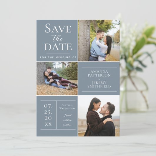 Moderne collage van drie foto's | Stofblauw Save The Date (Staand voorkant)