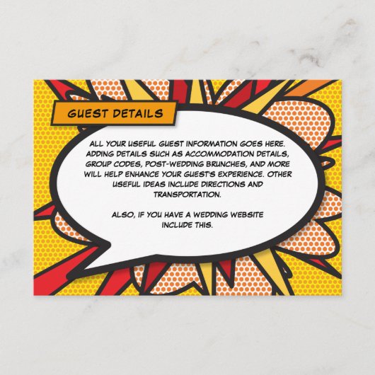 Moderne Comic Book Wedding Accommodatie - Gegevens Informatiekaartje (Voorkant)
